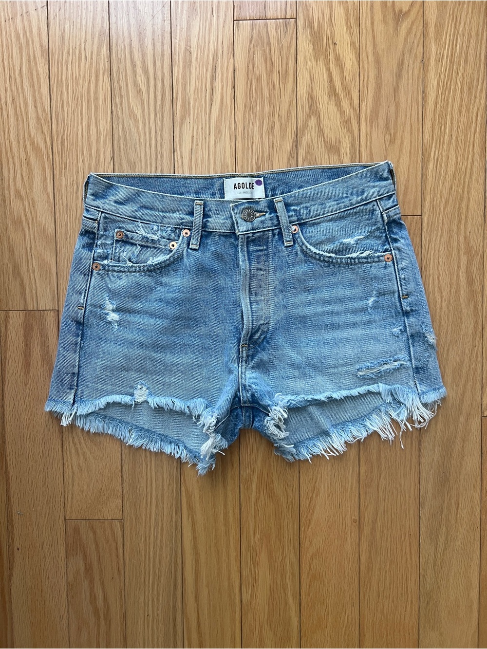 Agolde Light Blue Distressed Denim Cutoff Shorts
